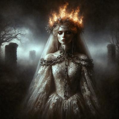 The primary subject of the image is a woman dressed in a white gown, wearing a crown of fire. She is standing in a field with a chain around her neck. The setting appears to be a dark, possibly haunted, environment. The visual style of the image is a combination of digital art and illustration, creating a dramatic and mysterious atmosphere. The colors in the image are predominantly dark, with the woman's white gown and the fire in her crown being the main focal points. The overall mood of the image is eerie and captivating.